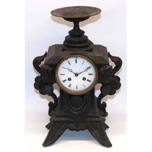 218 - Early C20th French patinated spelter mantel clock, white enamel roman dial, two train count wheel st... 