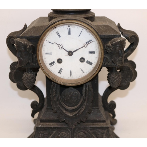 218 - Early C20th French patinated spelter mantel clock, white enamel roman dial, two train count wheel st... 