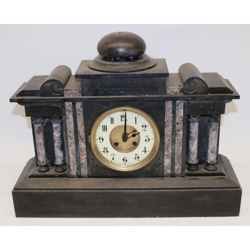 220 - C19th French slate and marble mantel clock, stepped dial with brass centre and porcelain Arabic chap... 