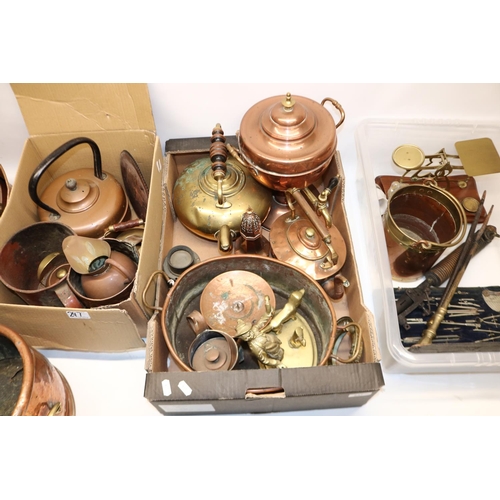 247 - Large collection of copper and brassware, incl. two copper coal buckets, urn, kettles, hunting horn,... 