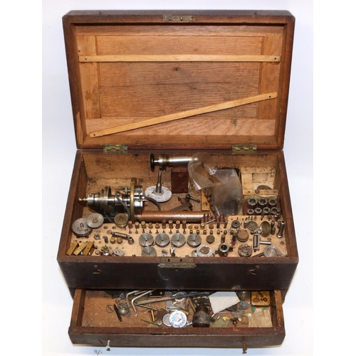 C20th Lorch Schmidt & Co., watch makers lathe in oak two drawer cabinet ...