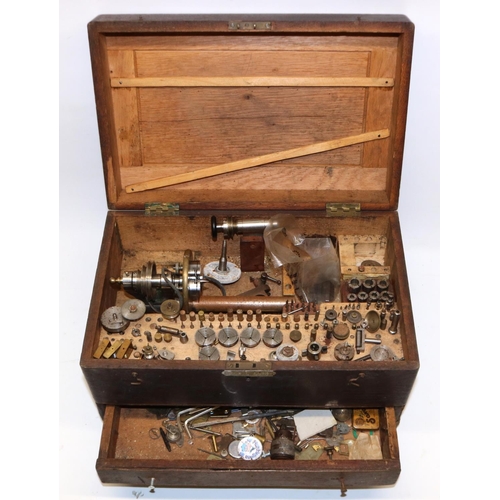 307 - C20th Lorch Schmidt & Co., watch makers lathe in oak two drawer cabinet complete with numerous acces... 