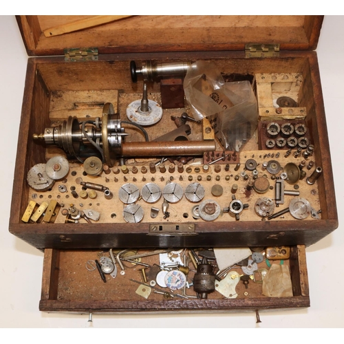 307 - C20th Lorch Schmidt & Co., watch makers lathe in oak two drawer cabinet complete with numerous acces... 