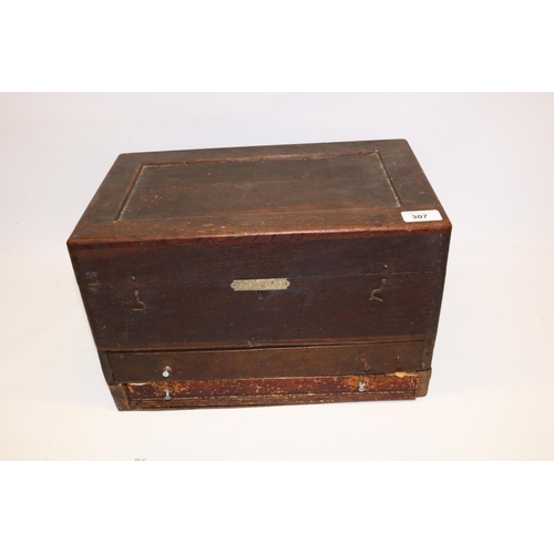 307 - C20th Lorch Schmidt & Co., watch makers lathe in oak two drawer cabinet complete with numerous acces... 