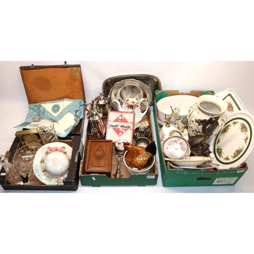 317 - Royal Albert Moss Rose telephone; silver plated tray and other metalware; dominoes set in oak case; ... 