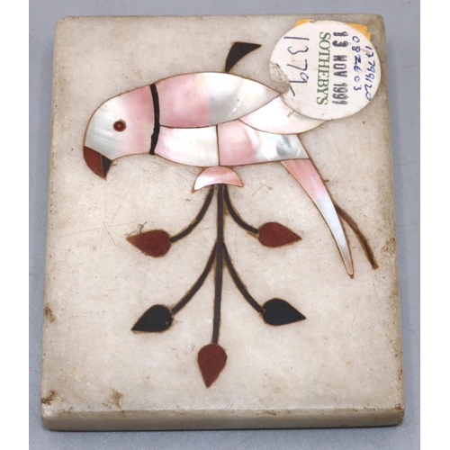 320 - Inlaid mosalite marble pietra dura parrot mosaic tile, Sotheby's sticker 1991, 9.5X7.5cm