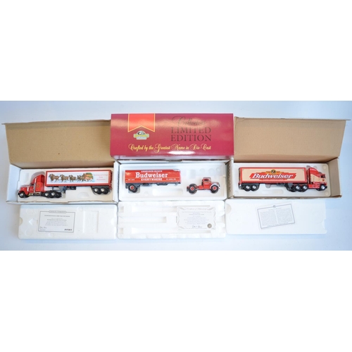 357 - Three boxed 1/58 scale Budweiser themed diecast truck models to include Matchbox Collectibles DYM382... 