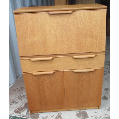 1057 - Mid century teak finish bureau, fall front with fitted interior a door and two drawers W78cm D36cm H... 