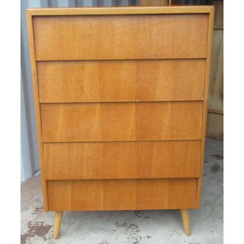 1058 - 1960s teak finish chest of five drawers on turned tapering outsplayed supports, W77cm D40cm H114cm