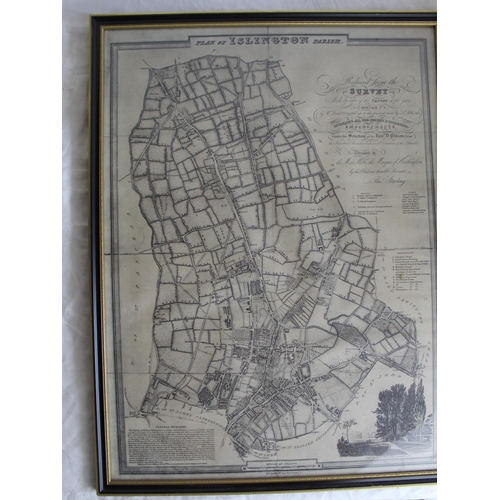 1248 - Hollowed out leather bound book, two museum issue maps of Islington and a rosewood framed print Ross... 