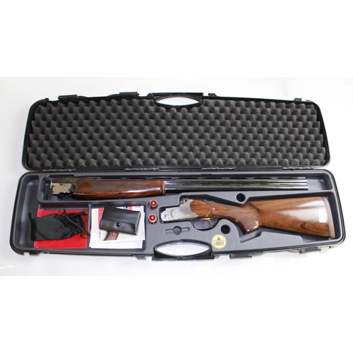 482 - Cased Lanber Over/under 12Bore Multi choke shotgun with single trigger. Barrel length 30ins, length ... 