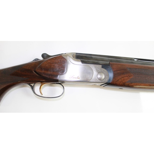 482 - Cased Lanber Over/under 12Bore Multi choke shotgun with single trigger. Barrel length 30ins, length ... 