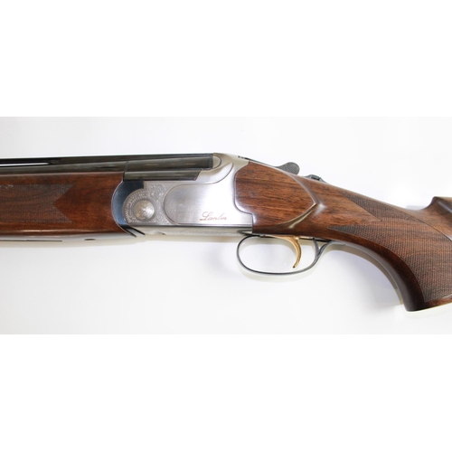 482 - Cased Lanber Over/under 12Bore Multi choke shotgun with single trigger. Barrel length 30ins, length ... 