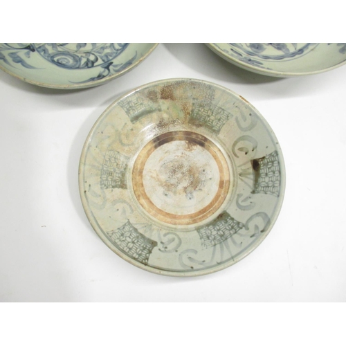 1282 - Three large Chinese Ming period blue and white pottery plates, 1 with mark to base, Max D33.4cm