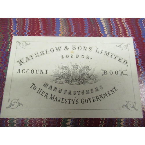 379 - Waterlow & Sons Limited red leather account book, with five raised bands, a Stanley Gibbons stamp al... 