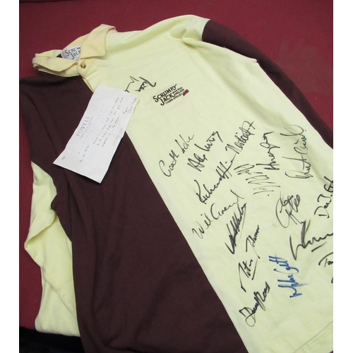 1185 - Large Scrumpy Jack 100% cotton rugby shirt signed by the England rugby team c. 1990, Liberty and Com... 