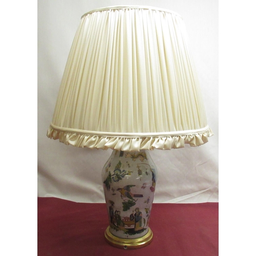 1324 - Decalomania style two light table lamp, chinoiserie decorated baluster body with gilt wood base and ... 