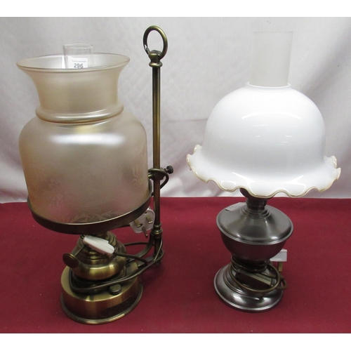 1326 - Two metal oil lamps converted to electric, with chimneys and shades (2)