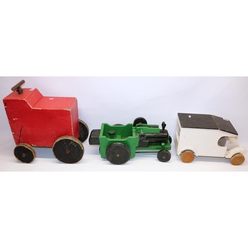 1036 - Scratch-built wooden ride on toy vehicle, and two similar model vehicles incl. a tractor, max. L52cm... 