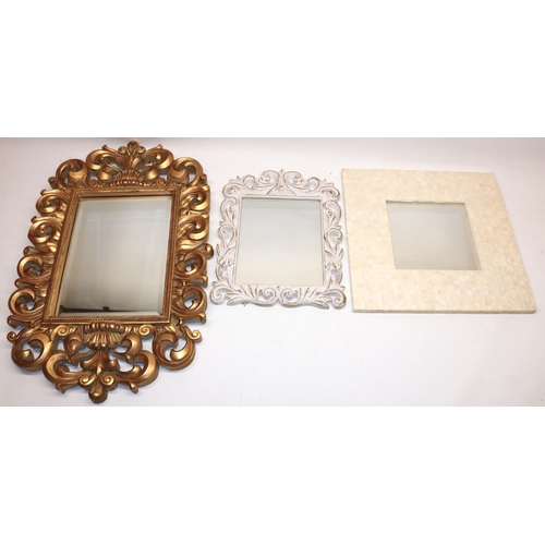 1047 - Rococo style wall mirror in pierced scroll gilt frame, a small wall mirror in pierced white distress... 