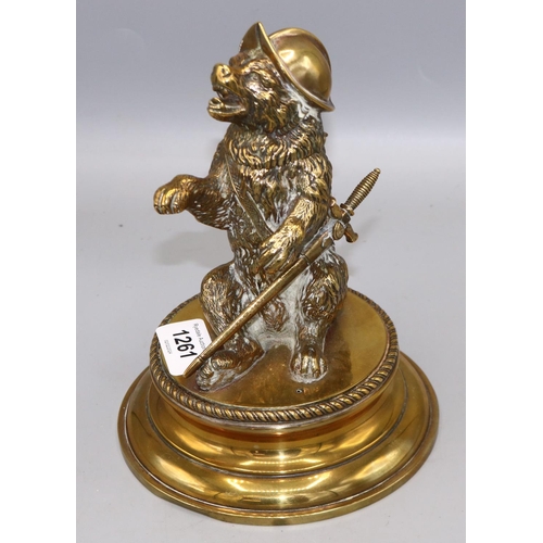 1261 - Brass inkwell modelled as a bear soldier, H17.5cm