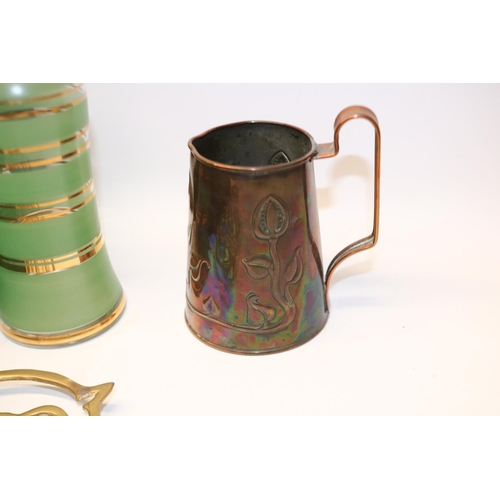 246 - Arts and Crafts copper jug embossed with flowers, stamped Beldray; other metalware; cased faux torto... 