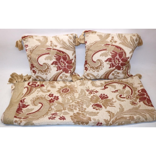 254 - Laura Ashley cream ground traditional pattern throw 196cm x 140cm and pair of matching cushions.