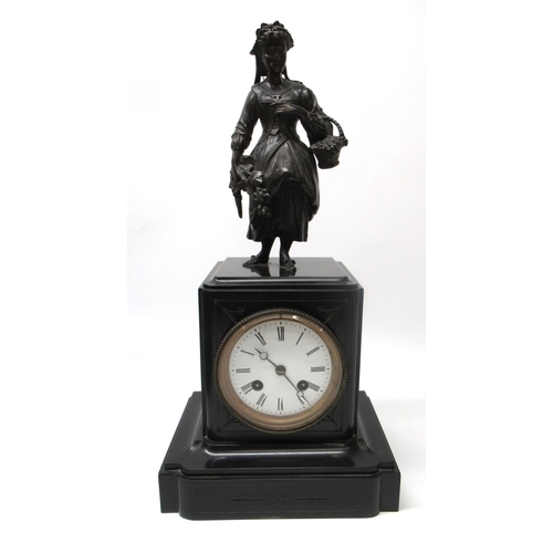 313 - C19th French polished slate figural mantel clock, the case surmounted with a cast spelter figure of ... 