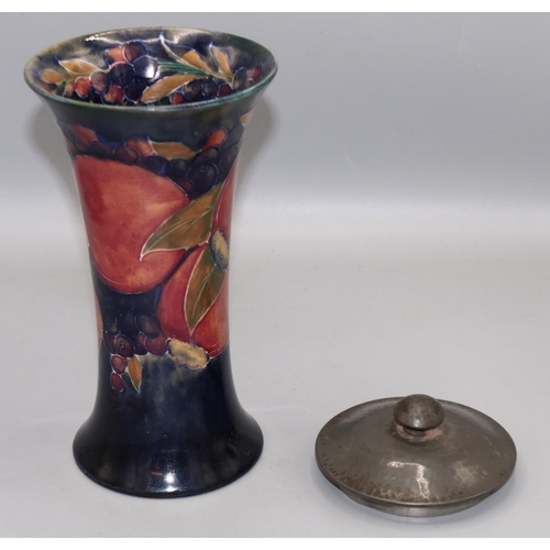 321 - Moorcroft Pottery - pomegranate pattern vase of  waisted form, H21cm, and a pewter cover stamped MOO... 