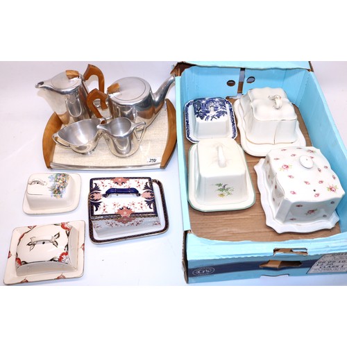 323 - C20th Picquot Ware aluminium four piece teaset with matching tray and seven C19th and later cheese d... 