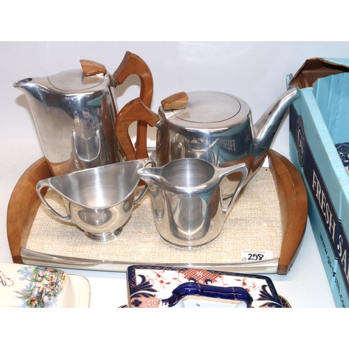 323 - C20th Picquot Ware aluminium four piece teaset with matching tray and seven C19th and later cheese d... 