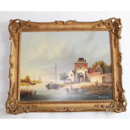 1340 - Two oil on canvas framed paintings, one depicting maritime harbour scene and one depicting a working... 