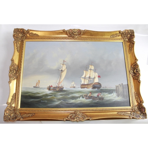 1340 - Two oil on canvas framed paintings, one depicting maritime harbour scene and one depicting a working... 