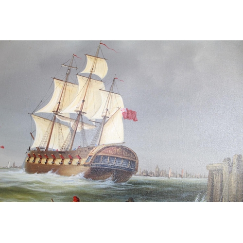 1340 - Two oil on canvas framed paintings, one depicting maritime harbour scene and one depicting a working... 