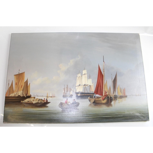 1341 - Two unframed oil on canvas paintings, both depicting harbour scenes. Smaller painting damage to corn... 