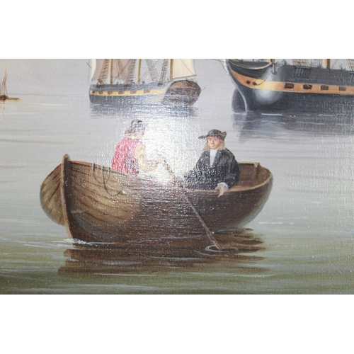 1341 - Two unframed oil on canvas paintings, both depicting harbour scenes. Smaller painting damage to corn... 