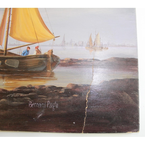 1341 - Two unframed oil on canvas paintings, both depicting harbour scenes. Smaller painting damage to corn... 