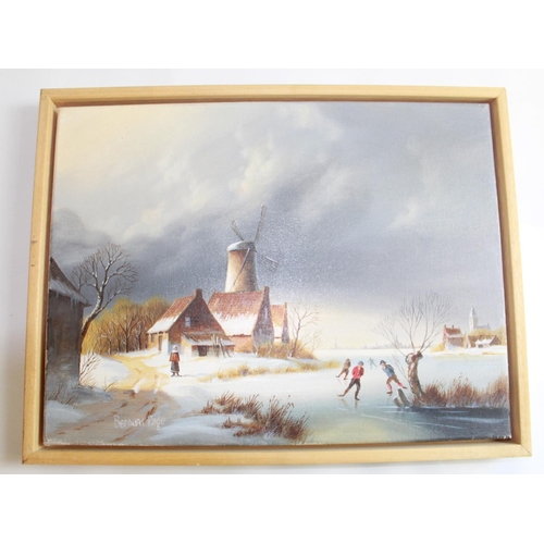 1342 - Two oil on canvas paintings, one unframed depicting rural river scene and one framed winter frozen l... 