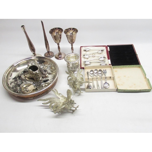 1348 - Selection of silver plated and polished pewter ware incl. miniature model animals, pair of fighting ... 