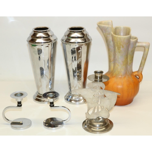 1365 - Collection of Art Deco style items incl. pair of chromed vases H26cm, a pair of crescent moon chrome... 