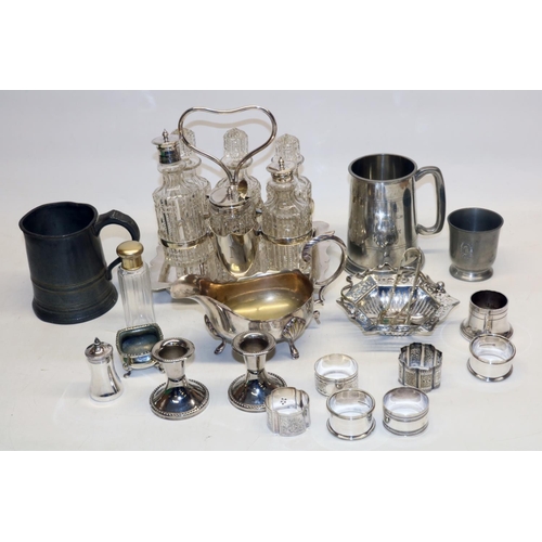 1370 - C20th six bottle table cruet on EPNS stand, other silver plated wares, pewter 1 pint tankard etc