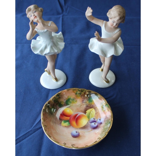 1372 - Royal Worchester hand painted pin dish, and a pair of Wallendorf porcelain figures of two ballerinas... 