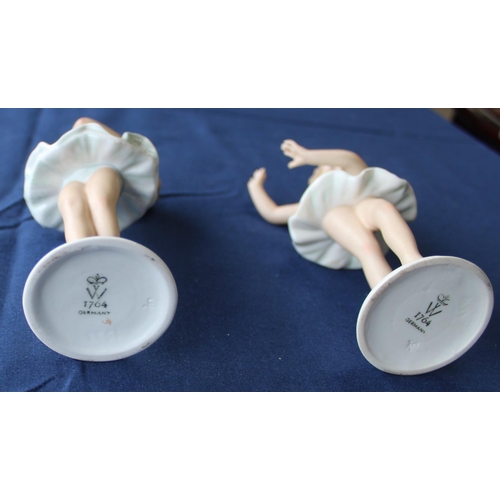 1372 - Royal Worchester hand painted pin dish, and a pair of Wallendorf porcelain figures of two ballerinas... 