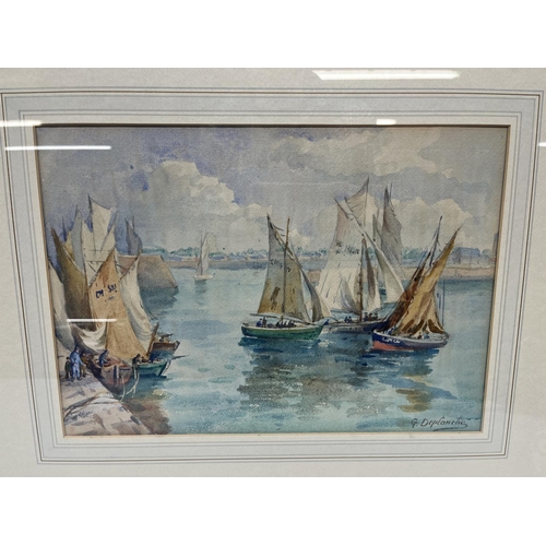 1010 - G. Deplanche (French C20th); Fishing Fleet in harbour, watercolour, signed, 25cm x 36cm