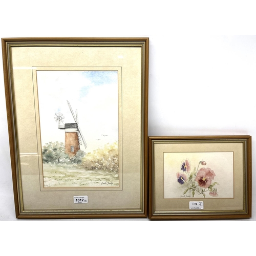 1012 - Brenda Dawkin (British Contemporary); Study of a windmill and a still life of flowers, watercolour, ... 