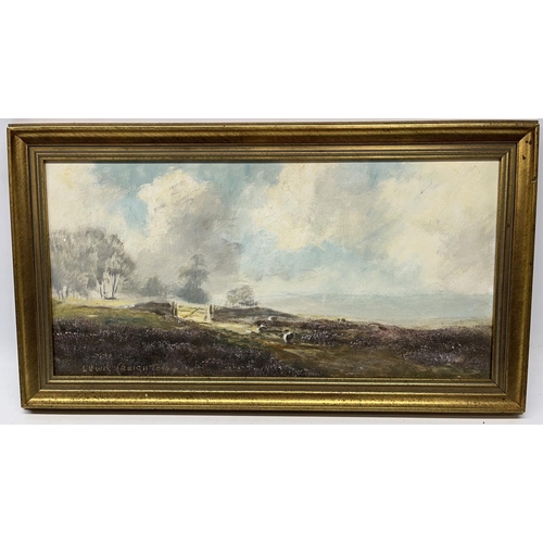 1004 - Lewis Creighton (British 1918-1996); Sheep on a gated Moorland pathway, oil on board, signed, 24cm x... 