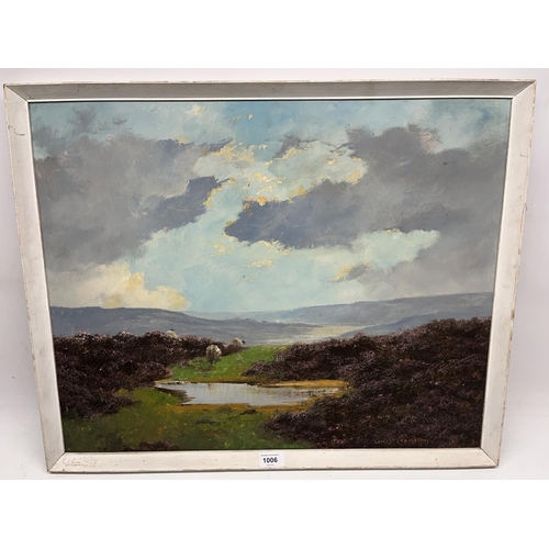 1006 - Lewis Creighton (British 1918-1996); Sheep in an extensive Moorland landscape with pond, oil on boar... 