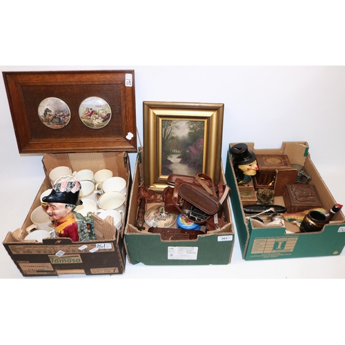 261 - Mixed collectables, incl. three pratt ware pot lids, an eastern carved wooden box, a late C19th H. S... 