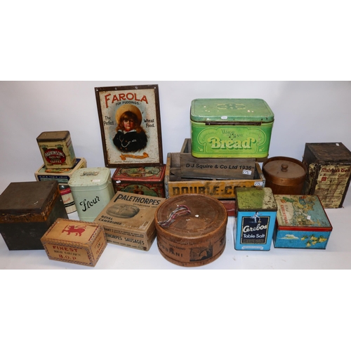 273 - ***withdrawn***Three reproduction wooden crates, two flour containers, and a collection of vintage f... 