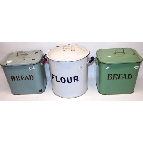 274 - Two large green enamel bread bins, and a large white enamel flour bin (3)